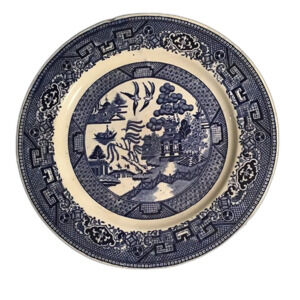 Vintage Blue Willow Transferware Plate Unmarked, Blue and White Has Chip On Top